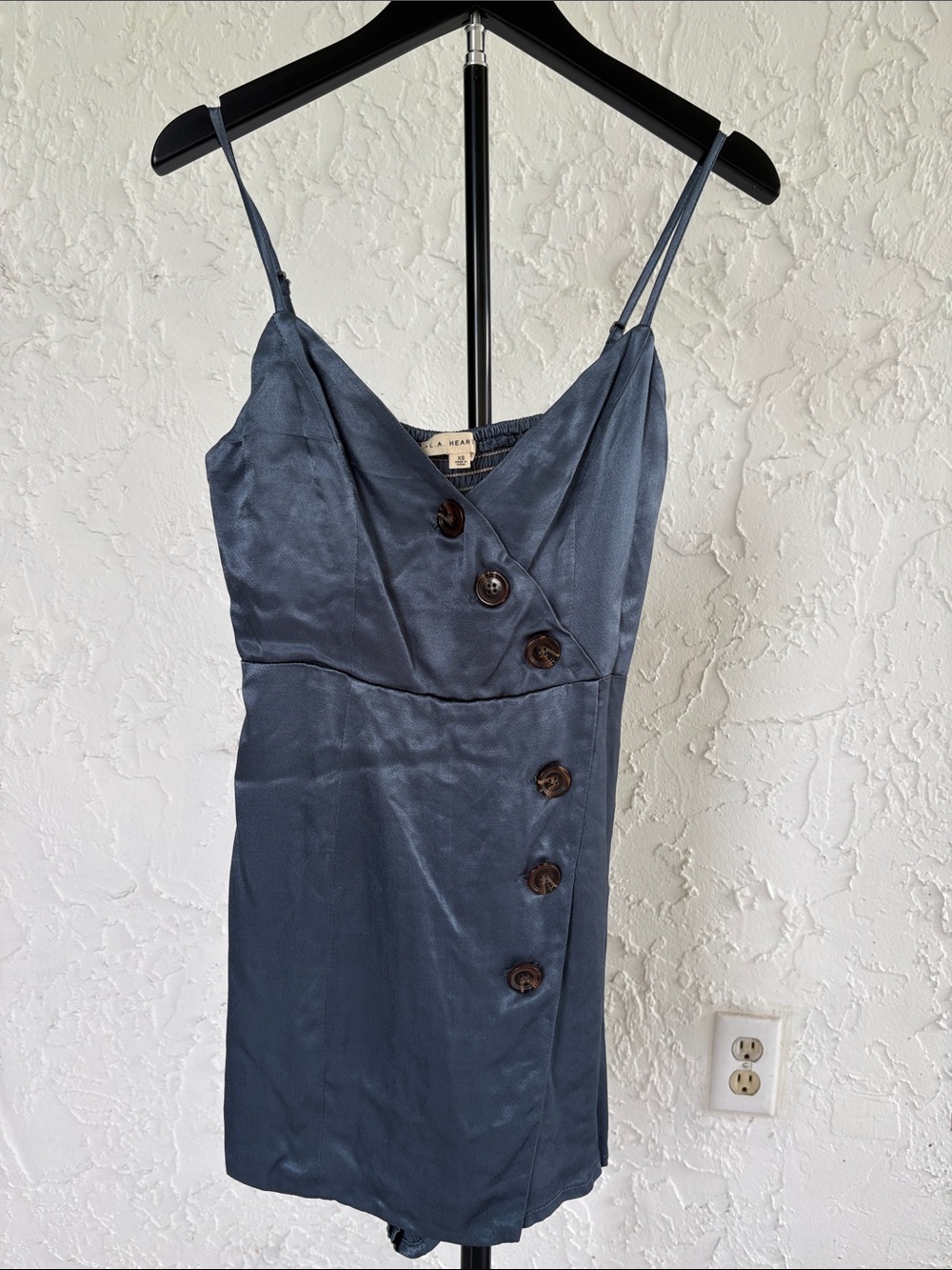 La Hearts Steel Blue Mini Slip Dress with Brown Buttons